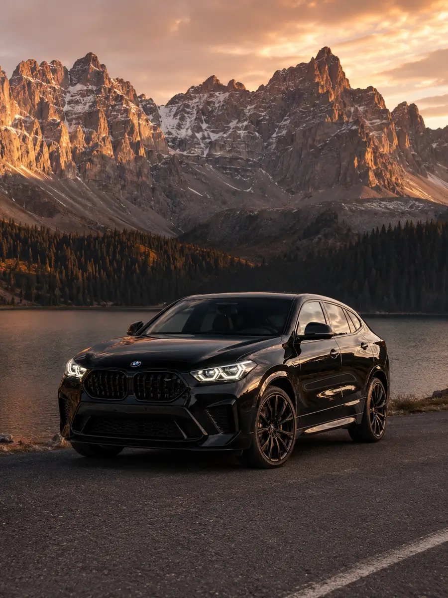 Čierne BMW X2 na prenájom od TopCar Slovakia zaparkované na horskej ceste pri jazere