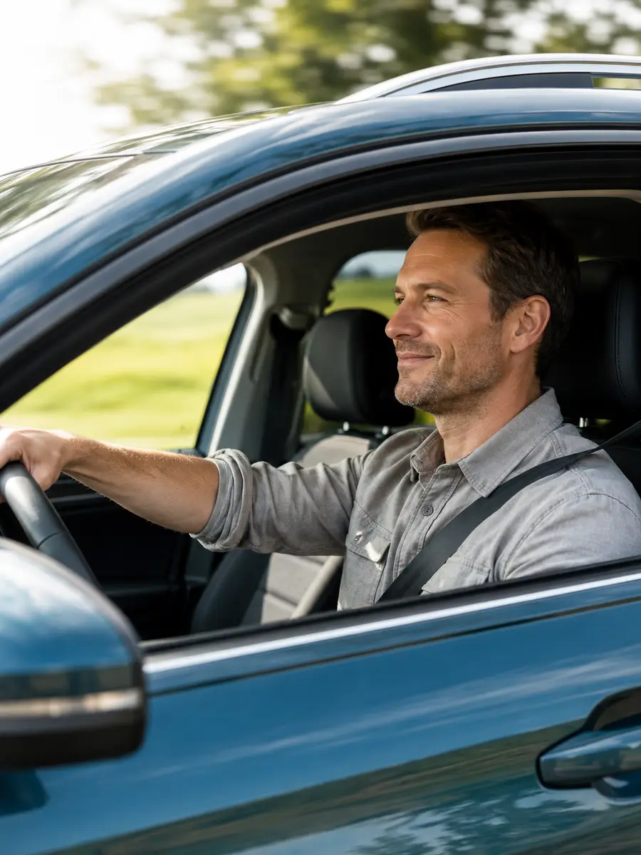 Spokojný vodič počas jazdy prenajatým vozidlom z autopožičovne TopCar Slovakia